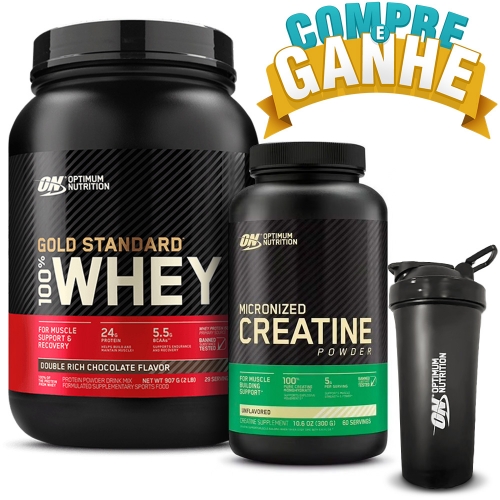 Compre Whey 100% Gold Sabor Chocolate (909g) + Creatina (300g) - Optimun Nutrition e Ganhe 01 Coqueteleira