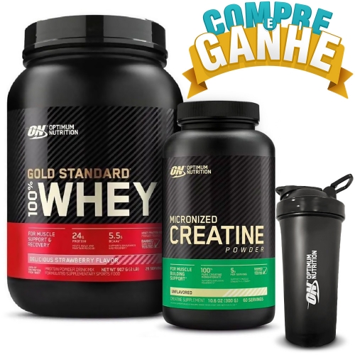 Compre Whey 100% Gold Sabor Morango (909g) + Creatina (300g) - Optimun Nutrition e Ganhe 01 Coqueteleira